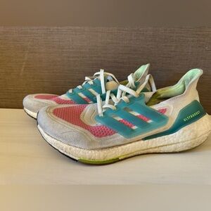 Adidas ultra boost 21 - size 9 - pink, teal and white